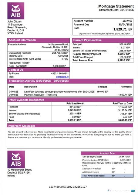 Download Ireland Allied Irish Banks mortgage statement Word and PDF template Photoshop template